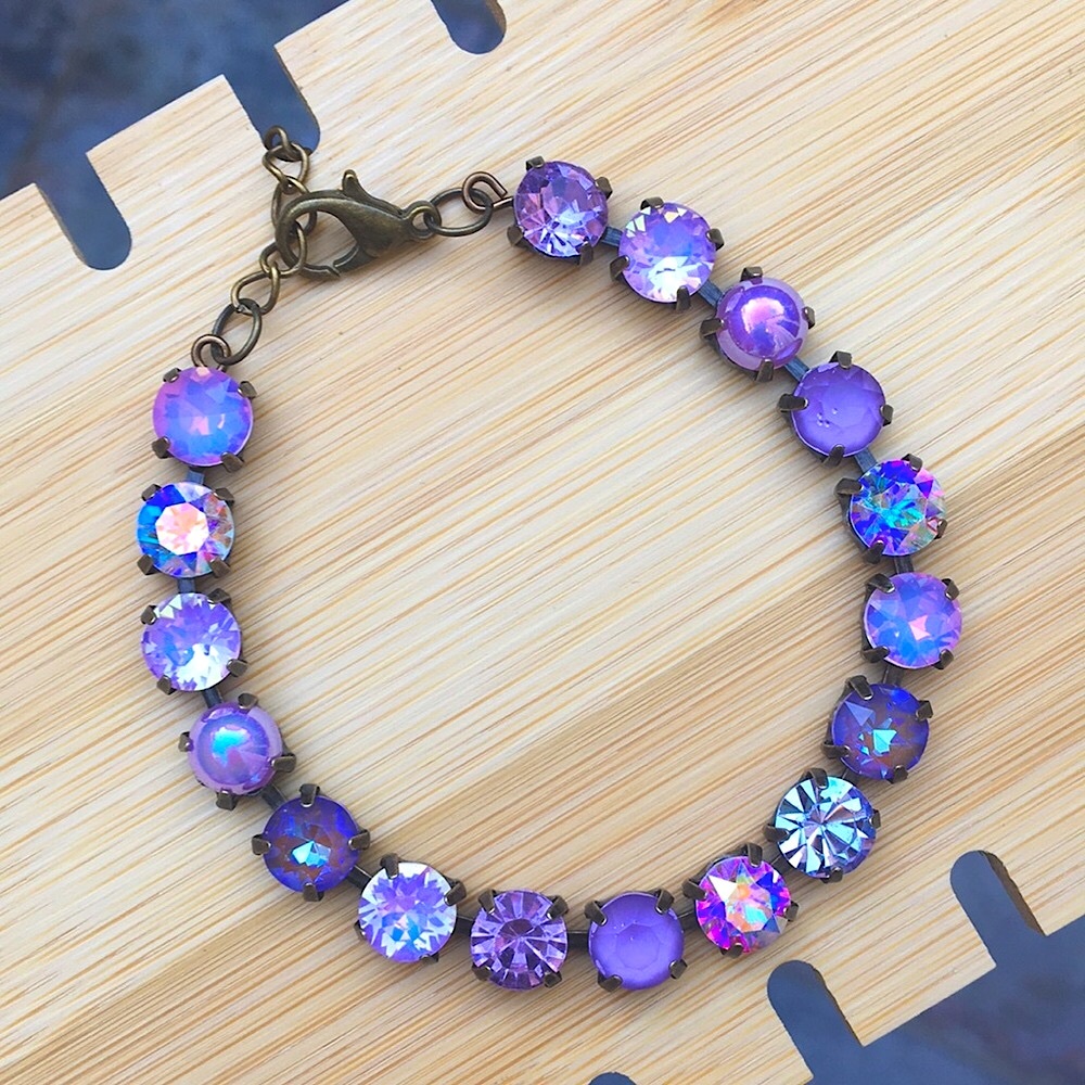 Amethyst, Violet, + iridescent Purple Opal Antique Brass Crystal Tennis Bracelet - Picture 11 of 17